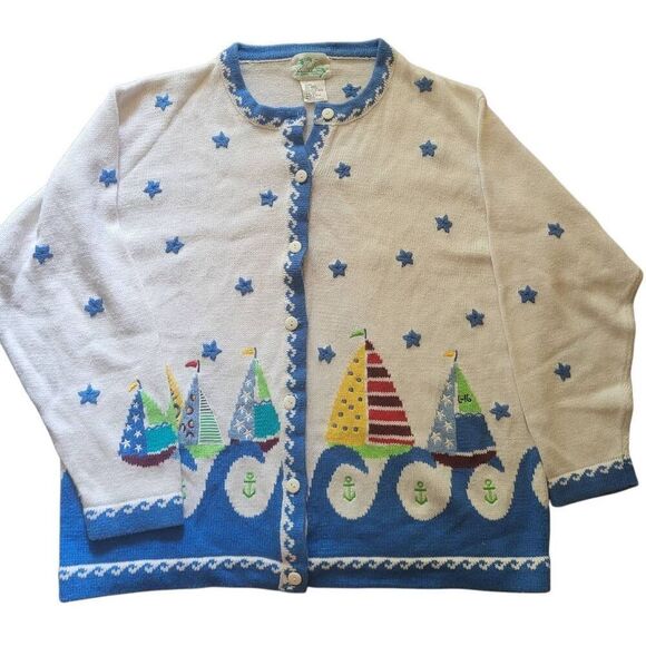 Vintage Quacker Factory Cardigan Sweater Women's 2X White Embroidered Sailboat - Picture 2 of 5